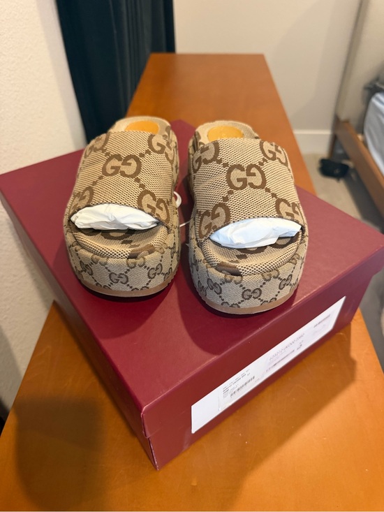 Gucci Shoes - Gucci Tan GG Canvas Platform Slide Sandals